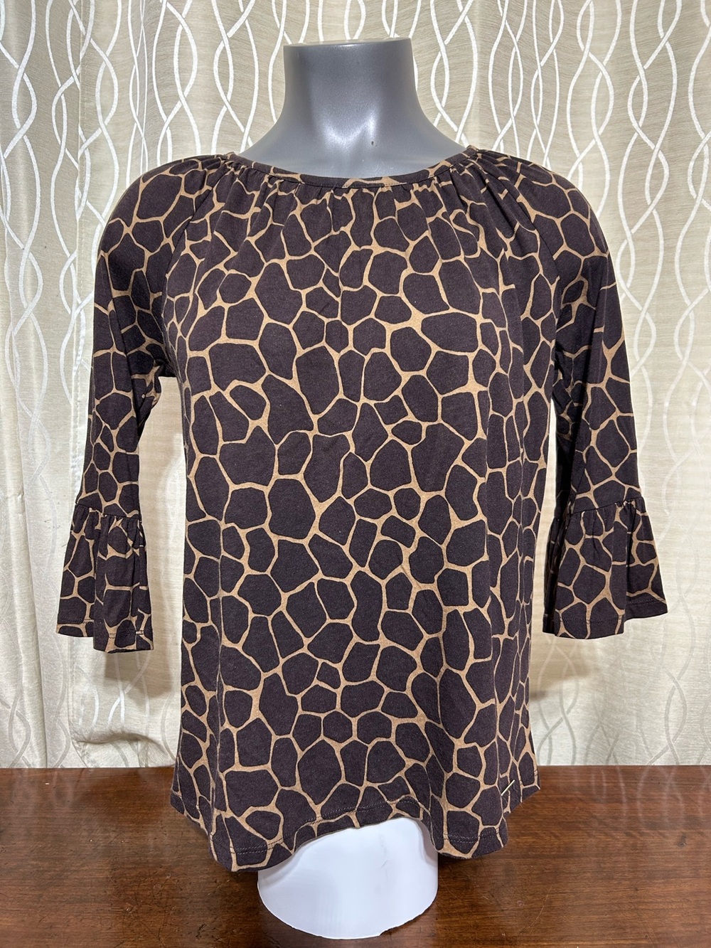 Michael Kors Brown and Black Giraffe-Print 3/4 Sleeve Blouse